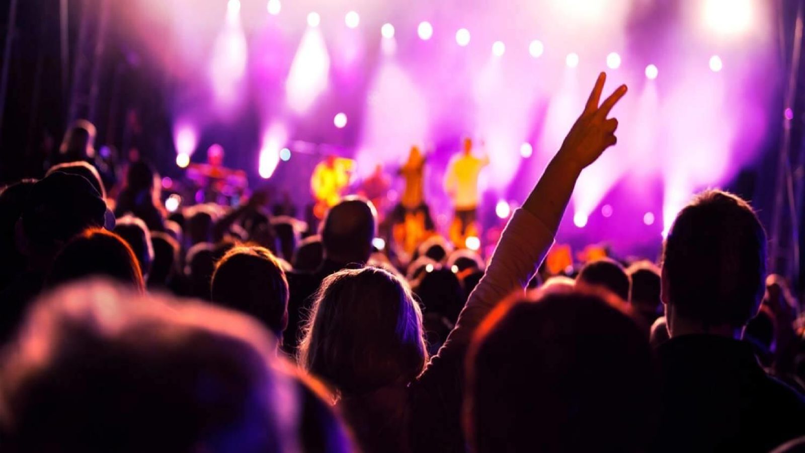 Dense concert crowd with hands raised in front of purple stage lighting