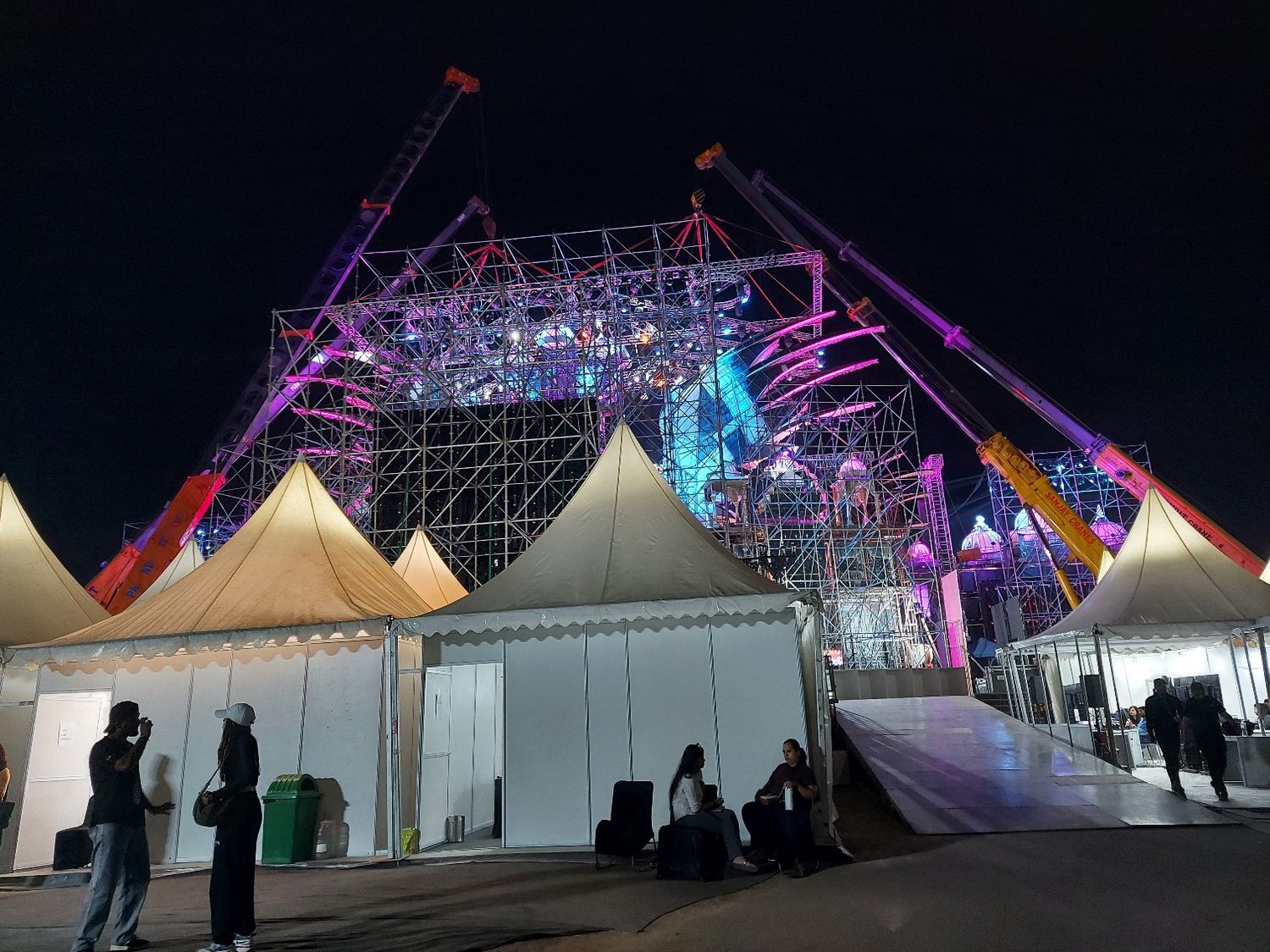 Night-time scaffolding and stage structure being built for the IIFA Awards